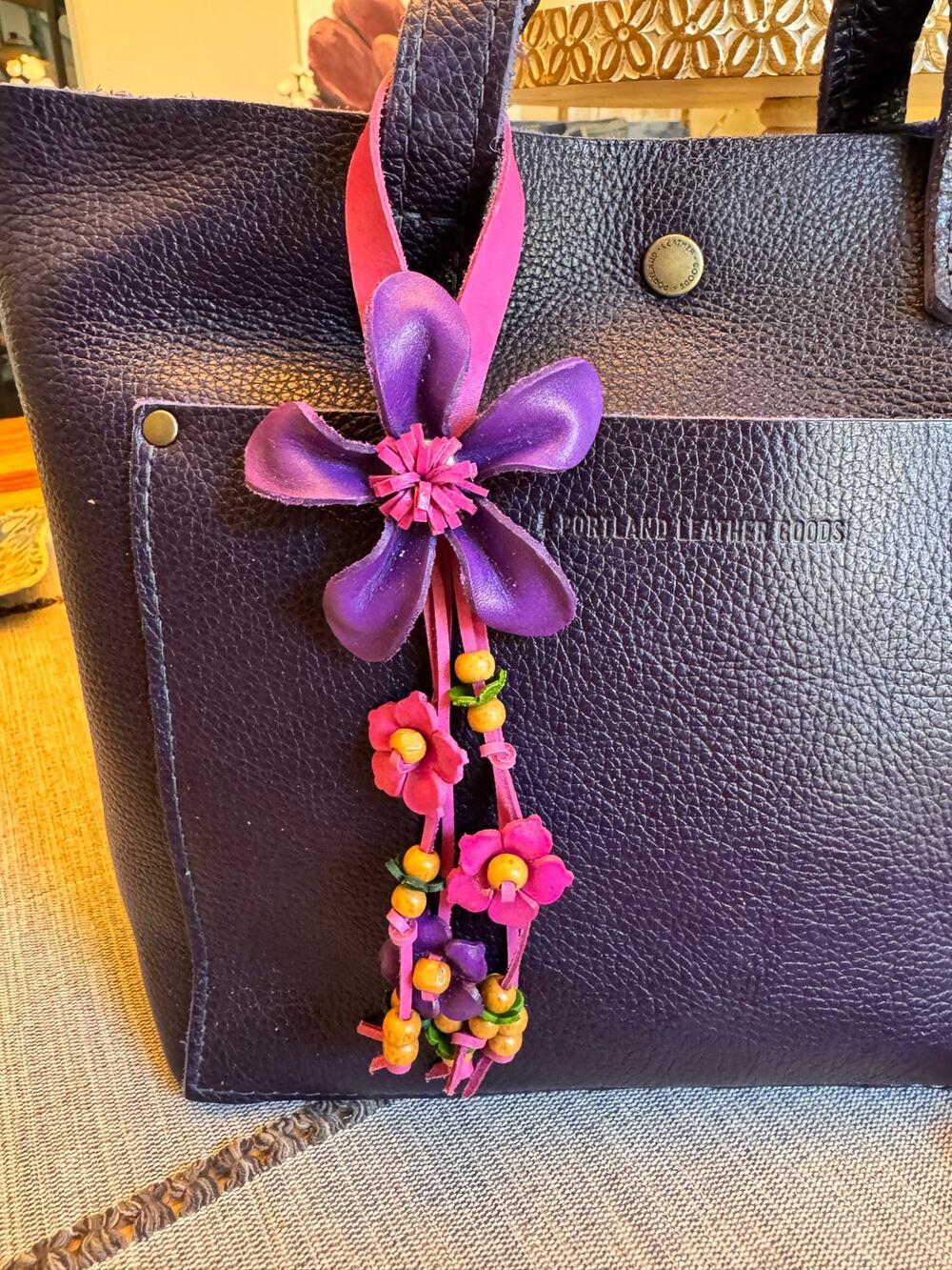 Purple Daisy Flower Leather Bag Charm Genuine Leather Purse Crossbody Keychain